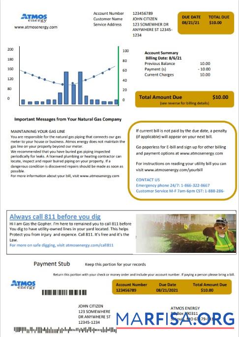 Blank USA Virginia Atmos Energy utility bill template in Word and PDF format (.doc and .pdf)